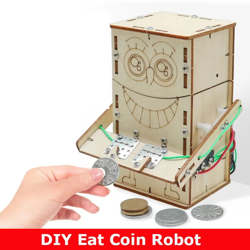 Wooden Electric Coin-Eating Robot Kit – Interactive DIY STEM Toy for Kids