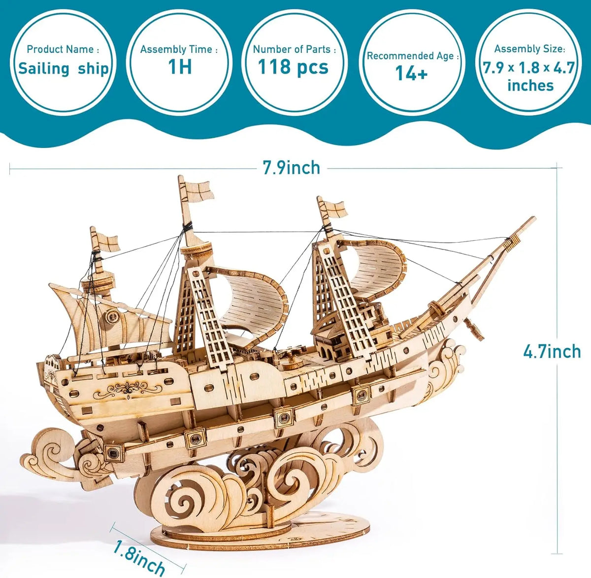 Vintage Wooden Sailing Ship – 3D Watercraft Puzzle for Teens and Adults